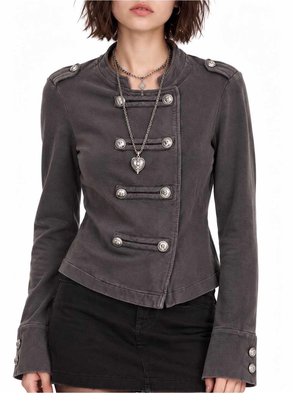 Pretty Good M Gray Military Cadet Jacket Silver Button y2k Indie Sleeze Academia